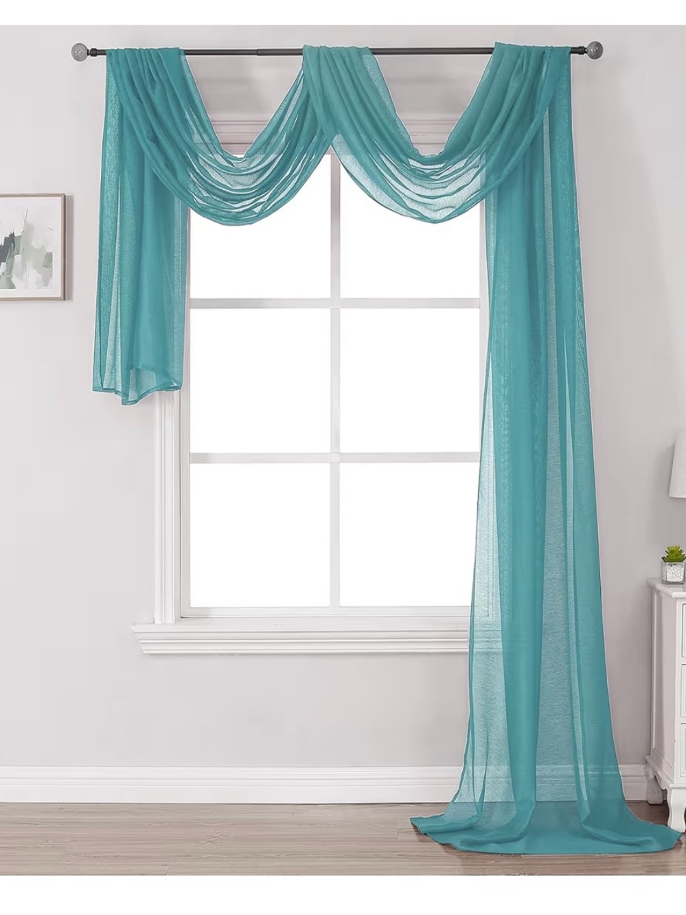 Sheer Teal Window Scarf Valance - Elegant Draped Curtain
